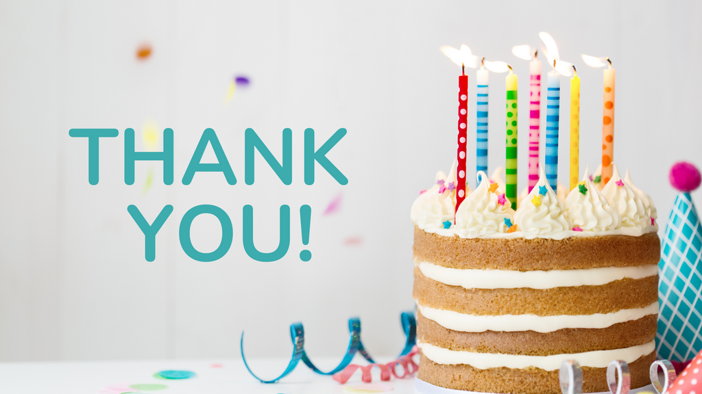 Image of Thank You text and a birthday cake with lit candles