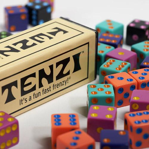 Image of Tenzi packaging and assorted colors of dice
