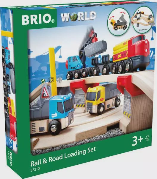 BRIO World Rail & Road Loading Set packaging with toy vehicles and tracks.