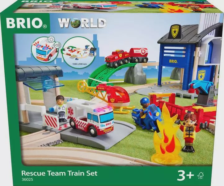 BRIO World Rescue Team Train Set packaging with toy train set and figures.