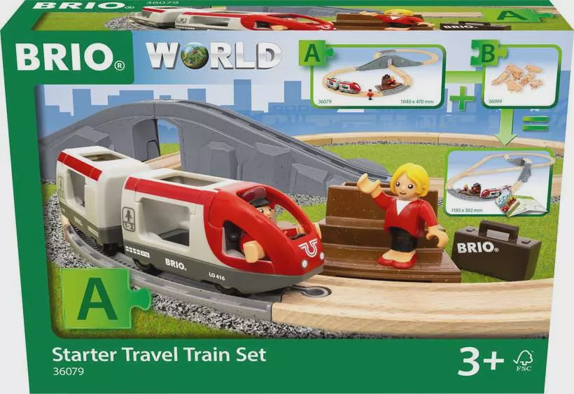BRIO World Starter Travel Train Set packaging with toy train and figures on tracks.