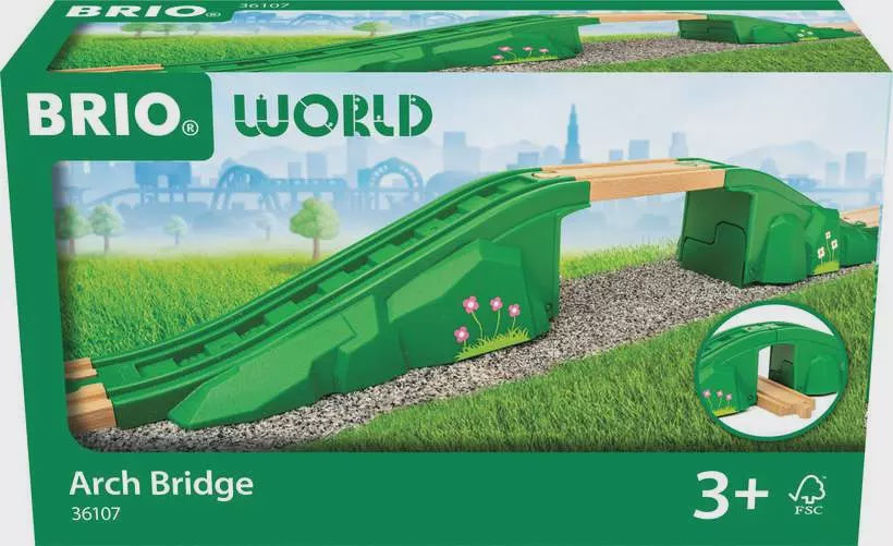 BRIO World Arch Bridge toy packaging with green bridge and cityscape background
