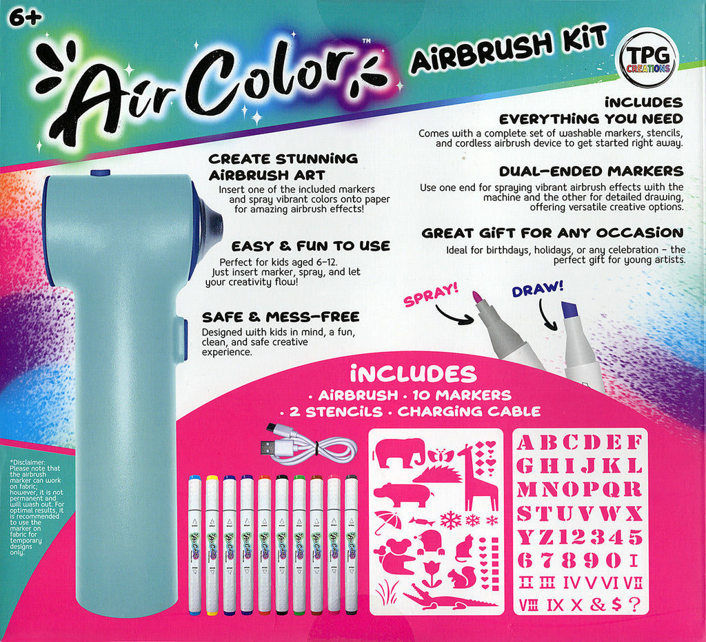 Air Color Airbrush Kit packaging with airbrush and markers on a colorful background