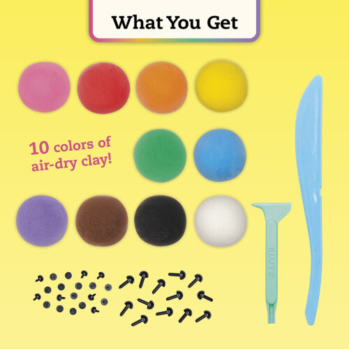 Set of 10 colors of air-dry clay with a tool on a yellow background