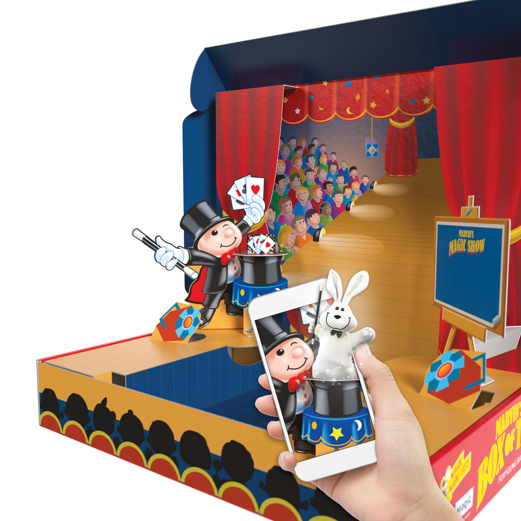 Magical show scene with a magician, rabbit, and audience, featuring a smartphone app interaction.