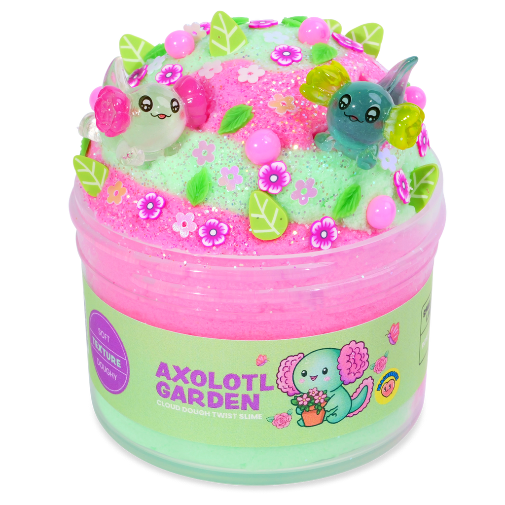 Axolotl-themed toy set in a container with axolotls and flowers on a white background