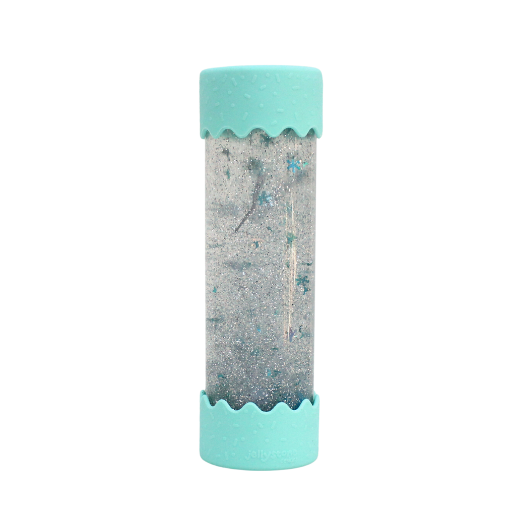 Small container with a textured surface and turquoise top and bottom on a white background