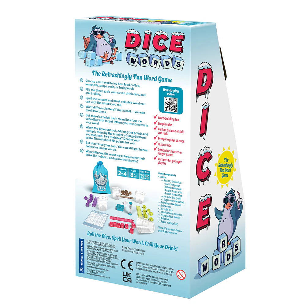 Rear view of Dice Words game packaging with colorful design and text on a white background