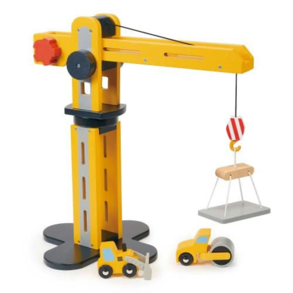 Toy crane set with a yellow crane, bulldozer, and truck on a white background