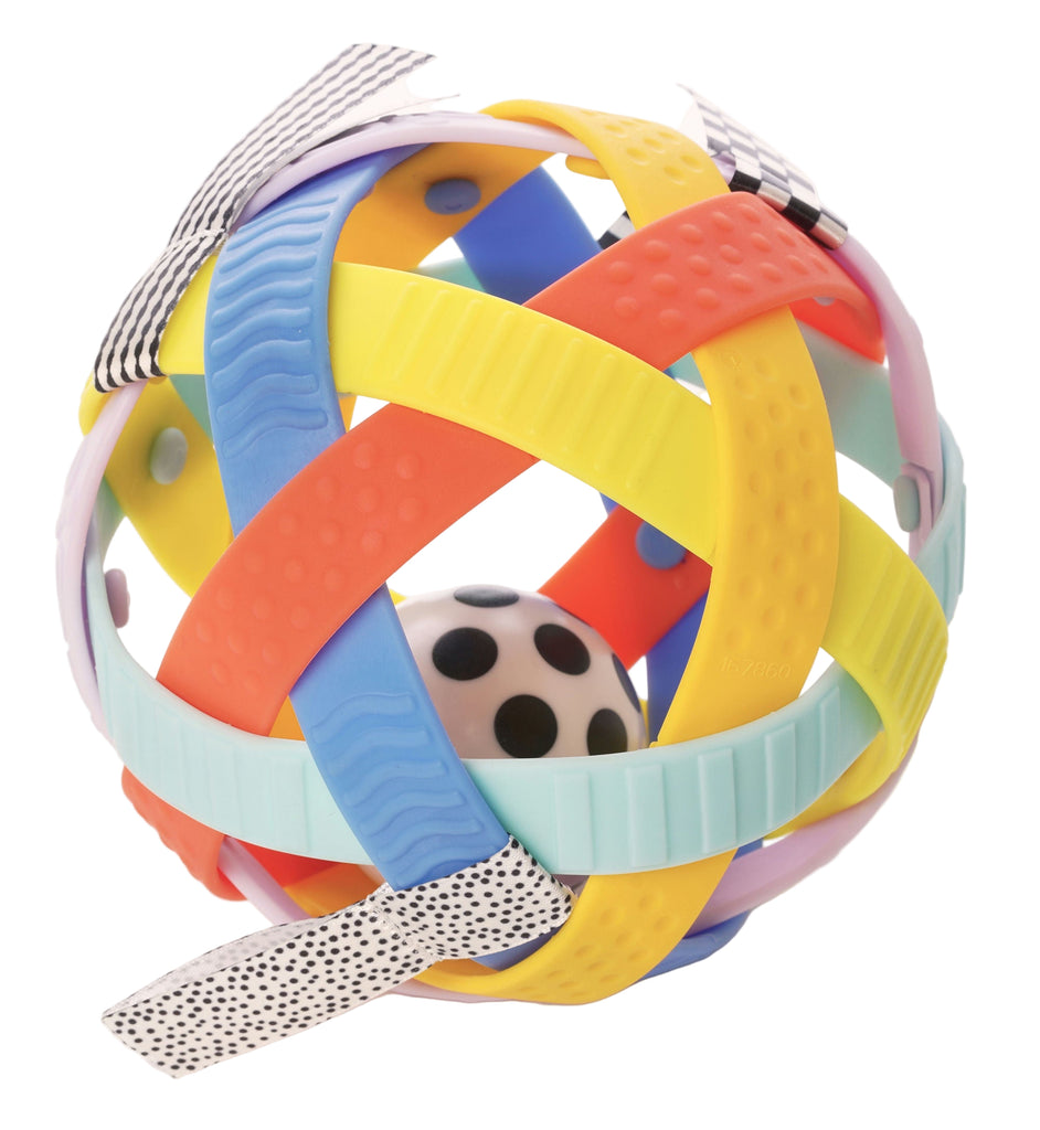 Colorful woven style ball toy with ribbons on a white background