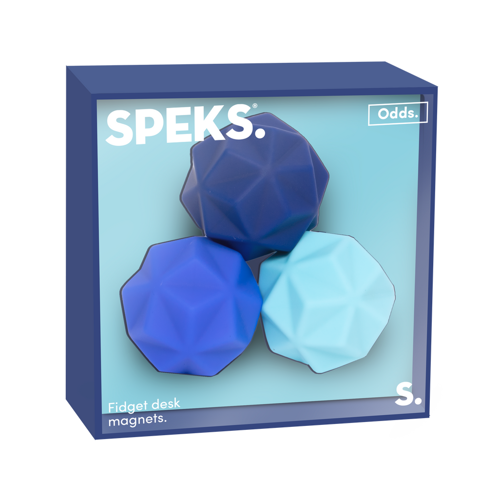 Speks fidget desk magnets packaging with blue and light blue geometric shapes on a light blue background.