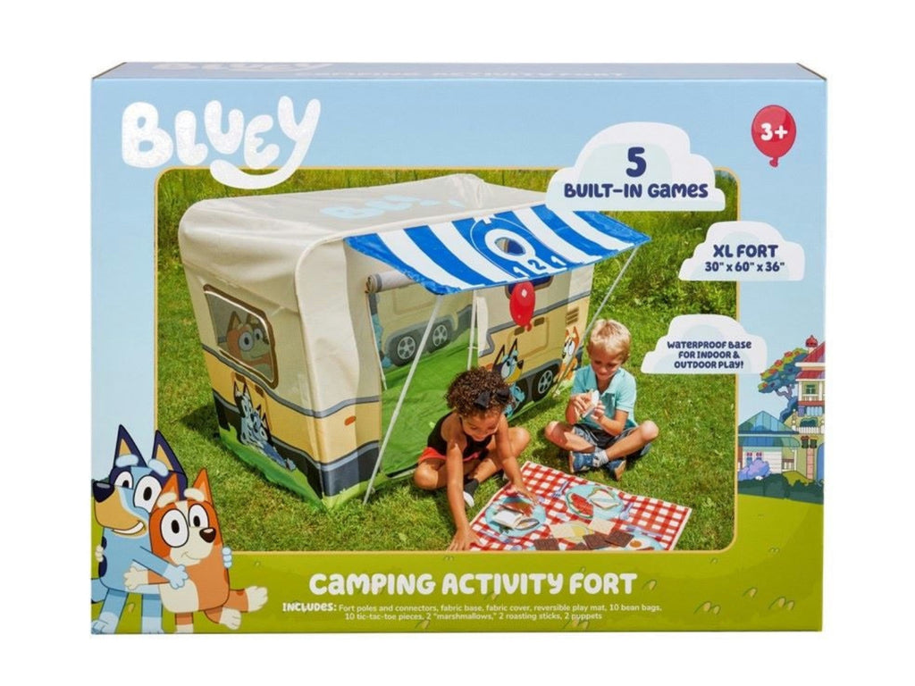 Bluey camping activity fort toy set packaging with children playing outdoors