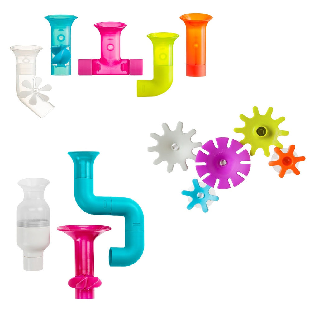 Image of brightly colored bath tub toys including gears, tubes, and pipes on a white background