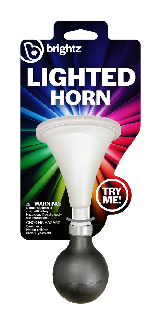 Image of Brightz Lighted Horn with packaging on plain background.