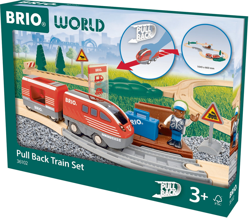 BRIO Pull Back Train Set packaging with train, tracks, and accessories on a green background.