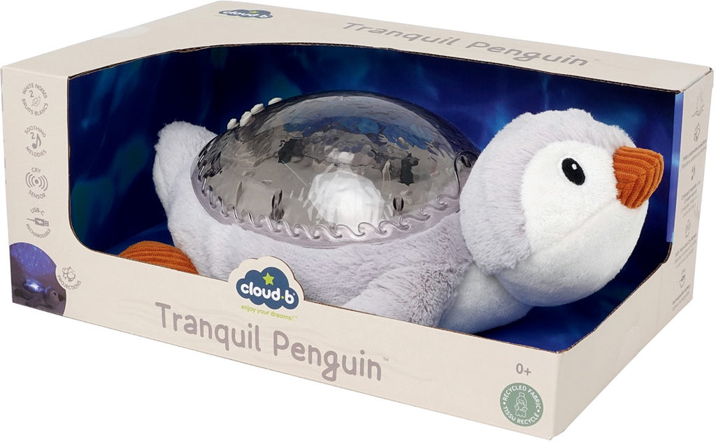 Tranquil Penguin plush toy in packaging with 'cloud b' branding.