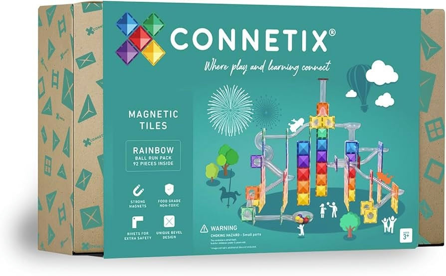 Connetix magnetic tiles packaging with colorful design and text on a teal background