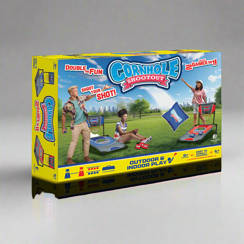 Cornhole Shootout game set packaging with two people playing on a grassy field.