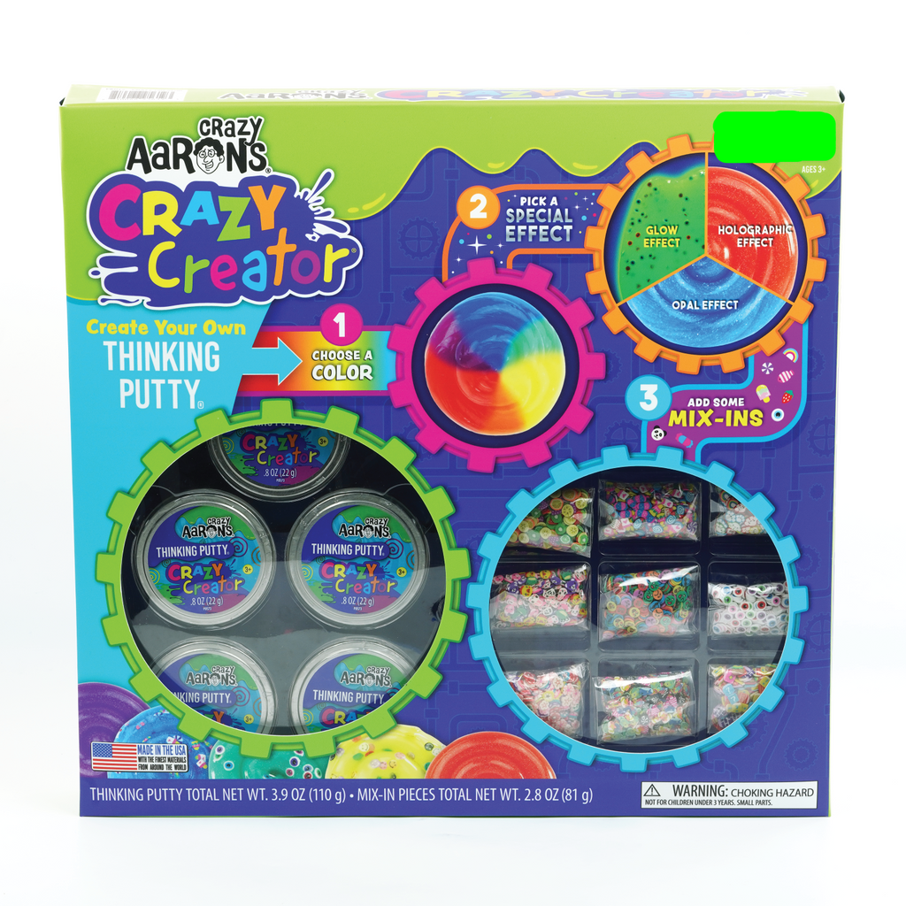 Crazy Aaron's Thinking Putty kit packaging with colorful design and text.