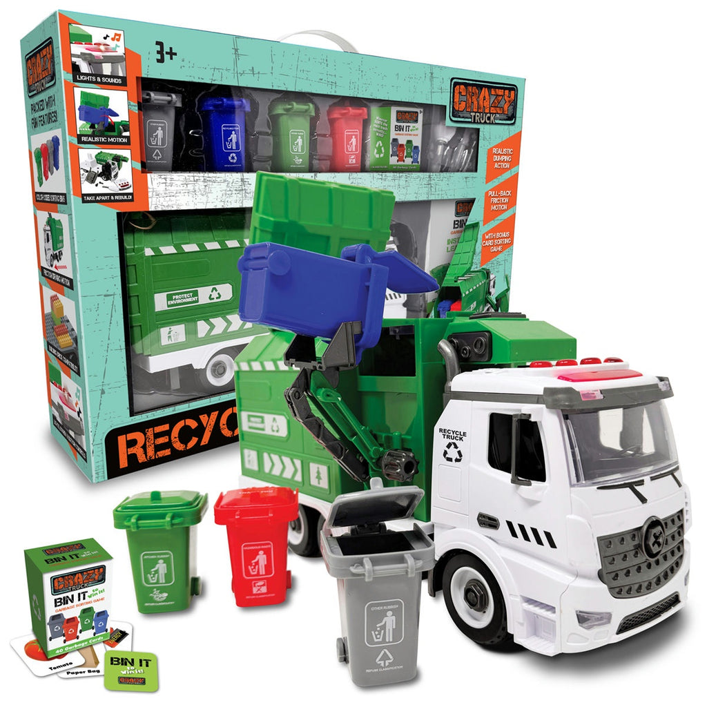 Image of Crazy Truck Recycling Truck and components along with packaging on a white background
