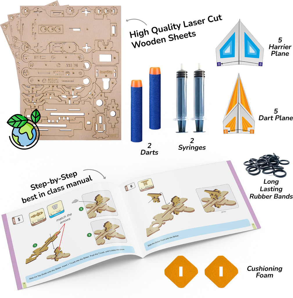 Wooden toy kit with laser-cut sheets, darts, syringes, and a manual on a white background.