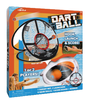 Box of Dart Ball game with target and launchers on a white background