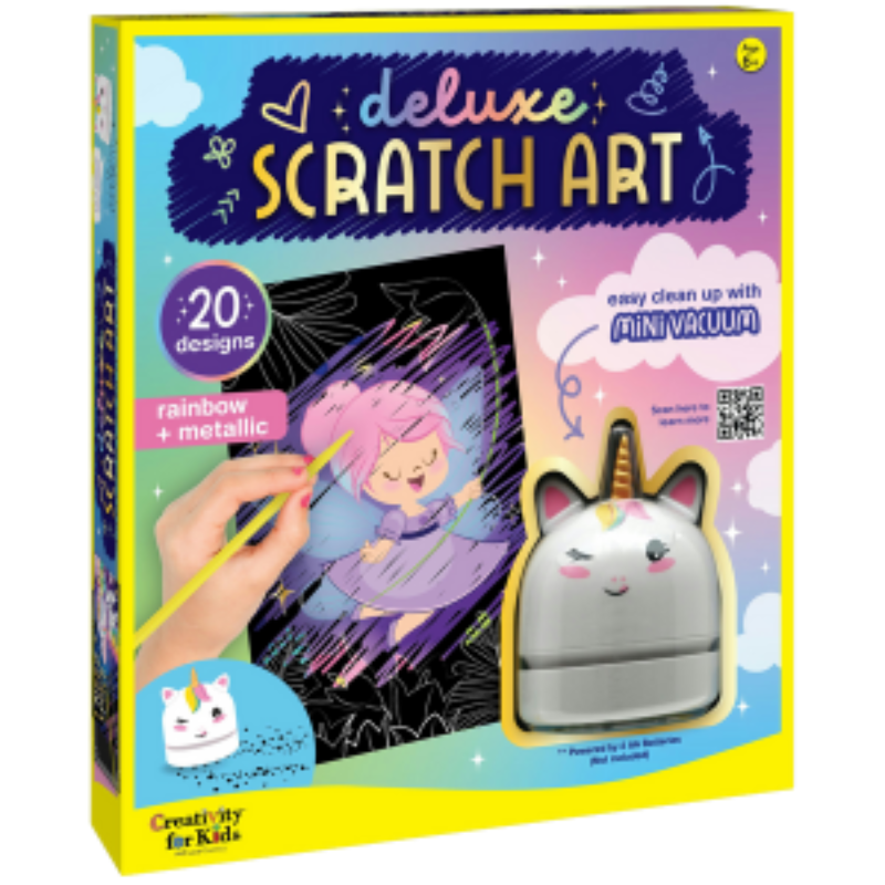 Deluxe Scratch Art kit packaging with a unicorn vacuum, scratcher, and colorful design.