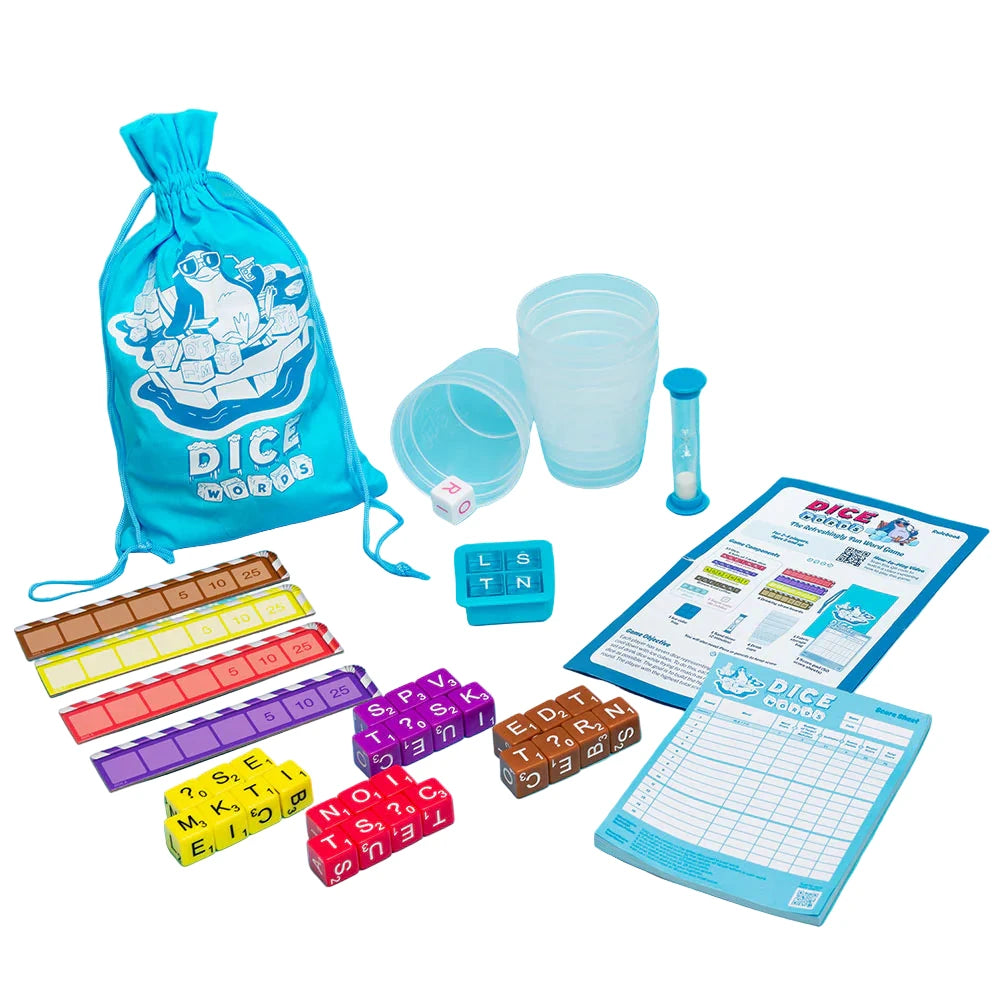 Dice game set with dice, bags, and instructions on a blue background