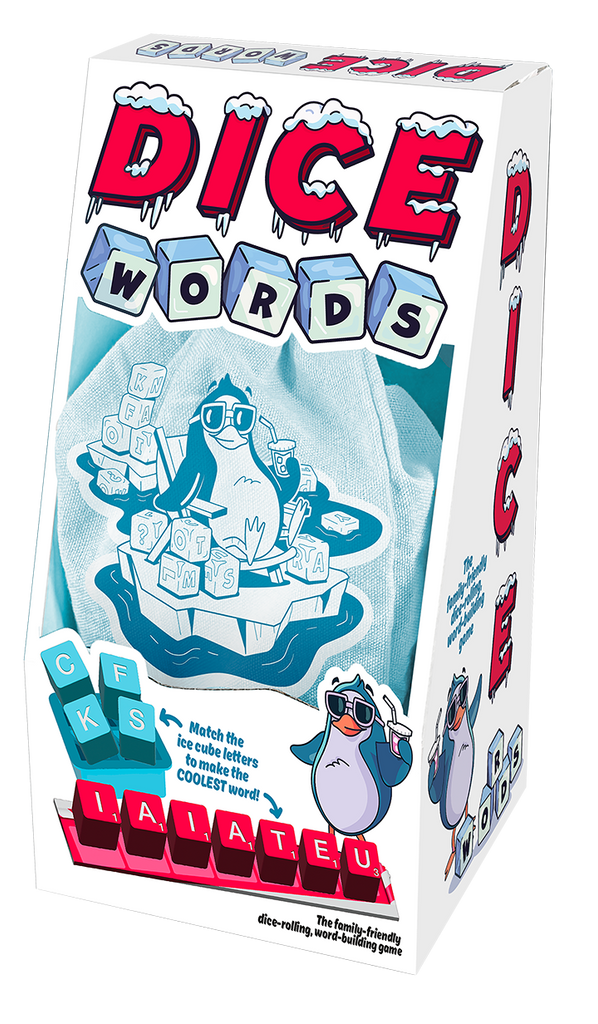 Box of Dice Words game with penguin illustration and ice cube design