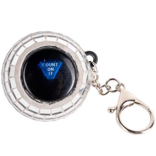Mirror ball keychain with blue gemstone and 'COUNT ON IT' text on a white background