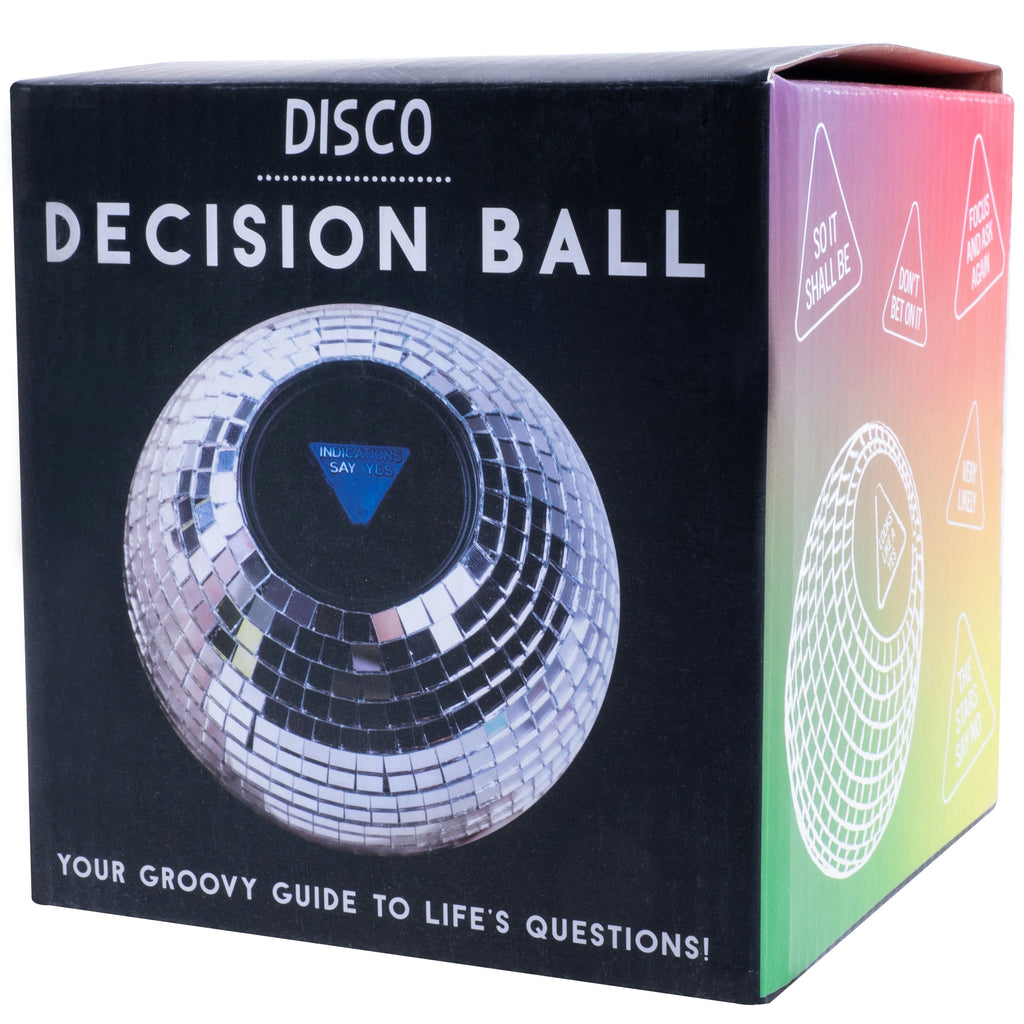 Box for 'Disco Decision Ball' with a disco ball design on a black background