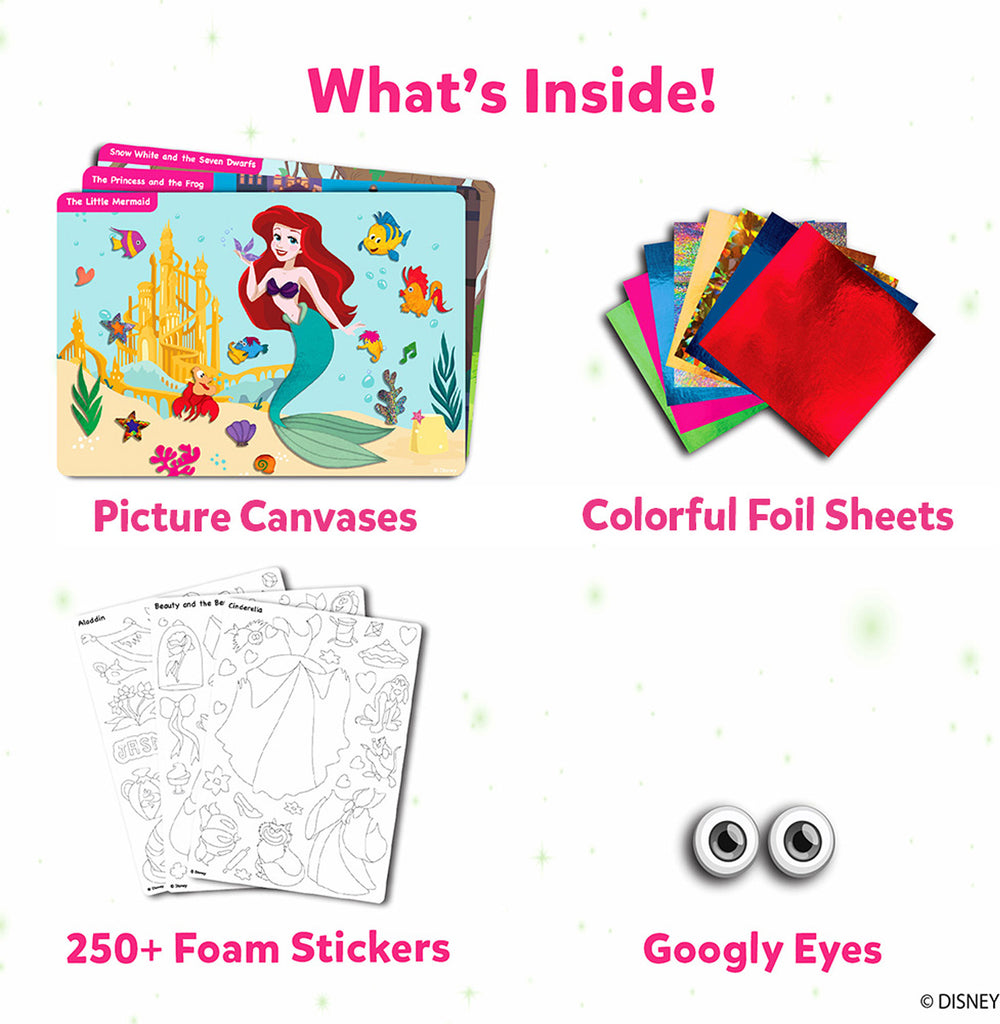 Product packaging with picture canvases, colorful foil sheets, foam stickers, and googly eyes on a white background.