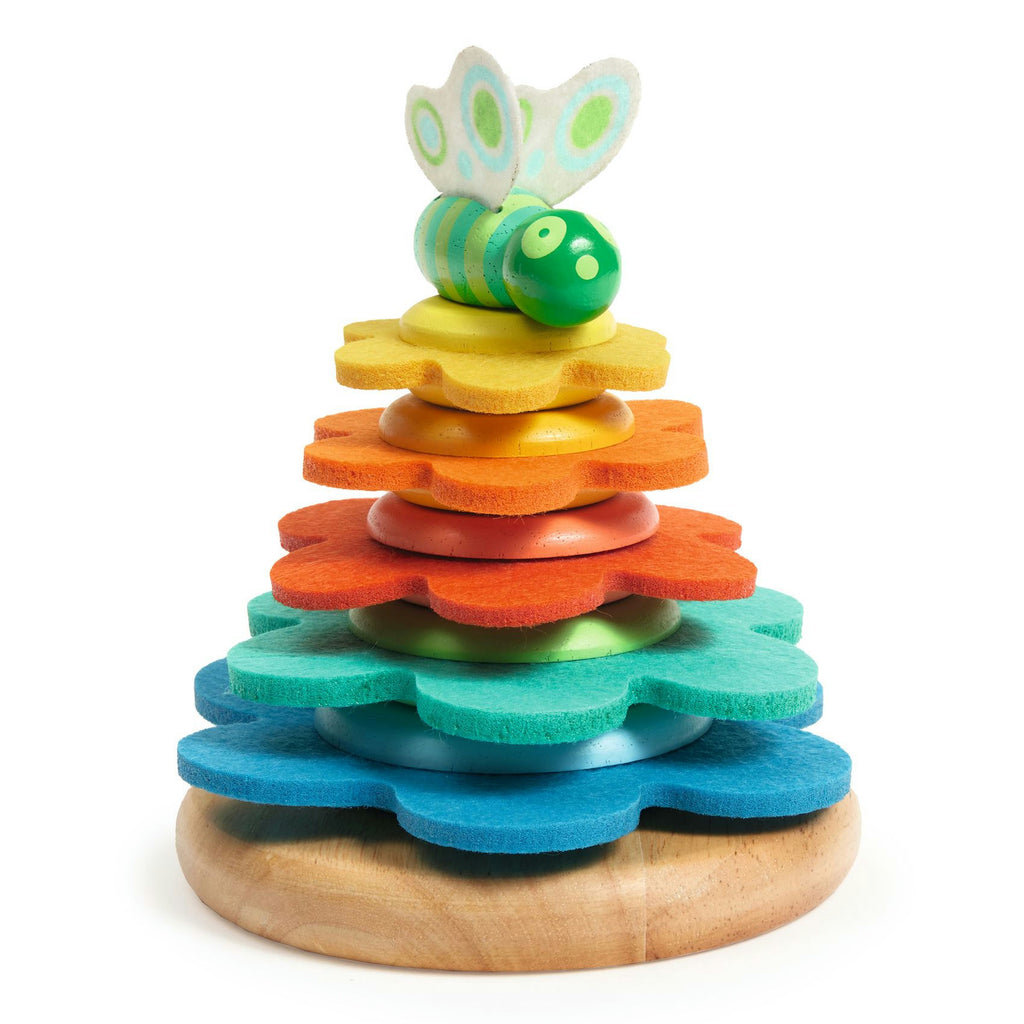 Colorful wooden stacking toy with a caterpillar on top against a white background