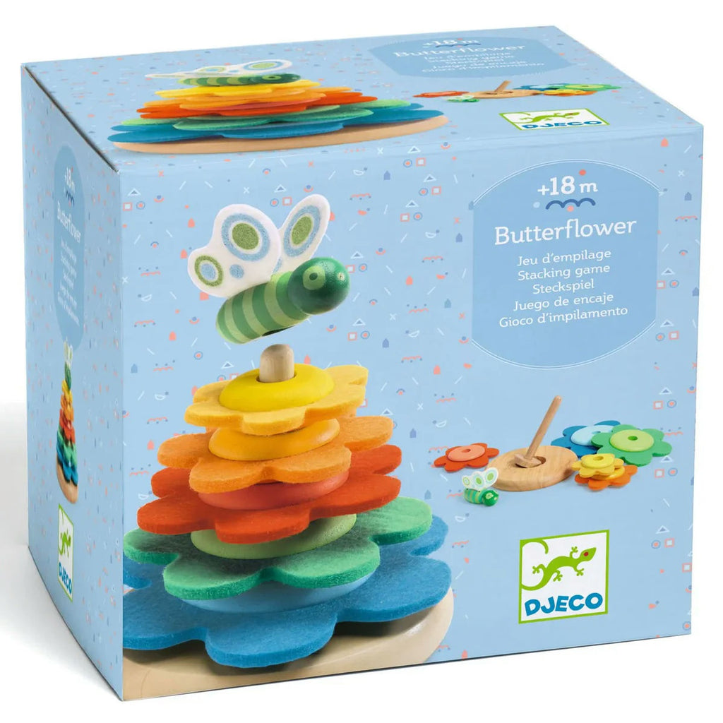 Stacking game toy with butterfly design on DJECO packaging