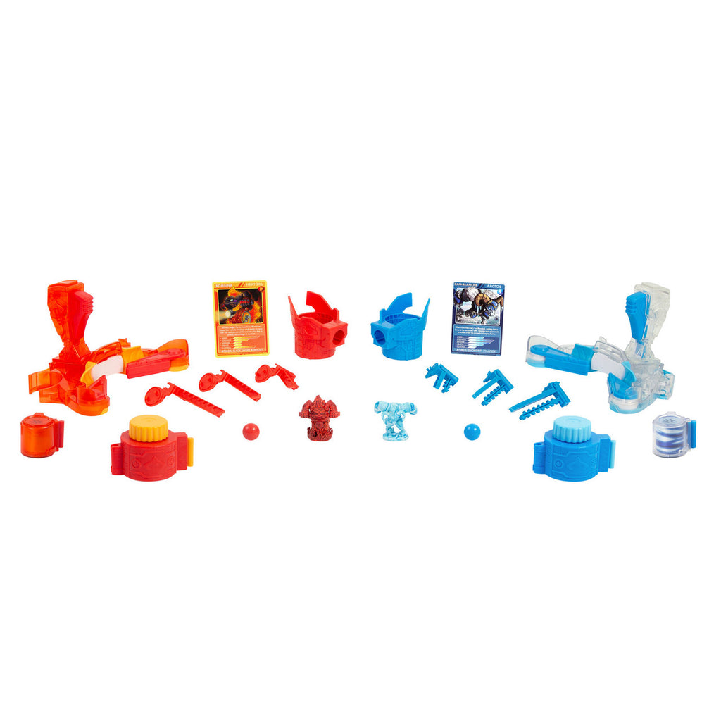 Collection of colorful Doteki toy pieces and figures on a white background