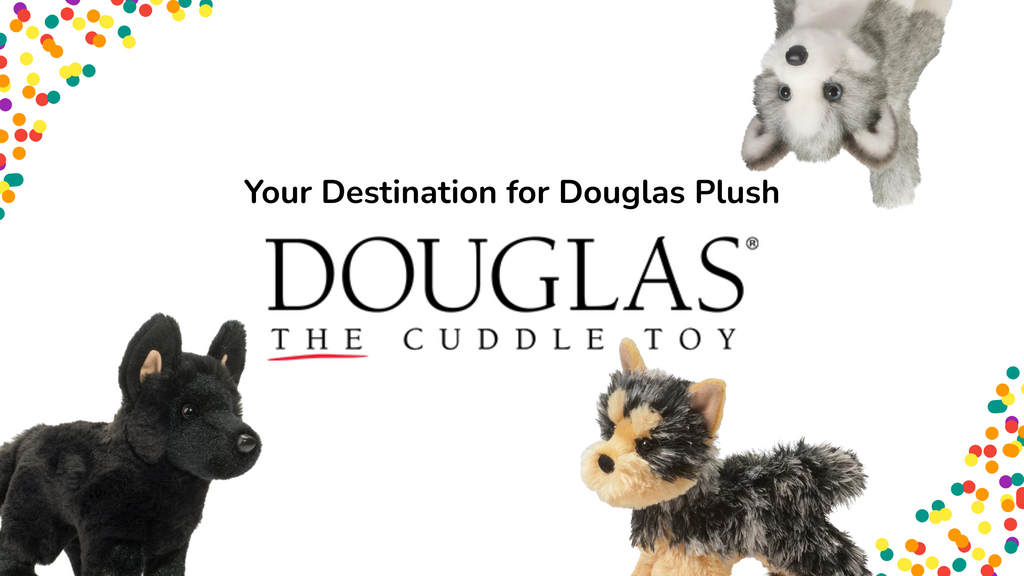 Douglas plush toys with brand name and tagline on a white background