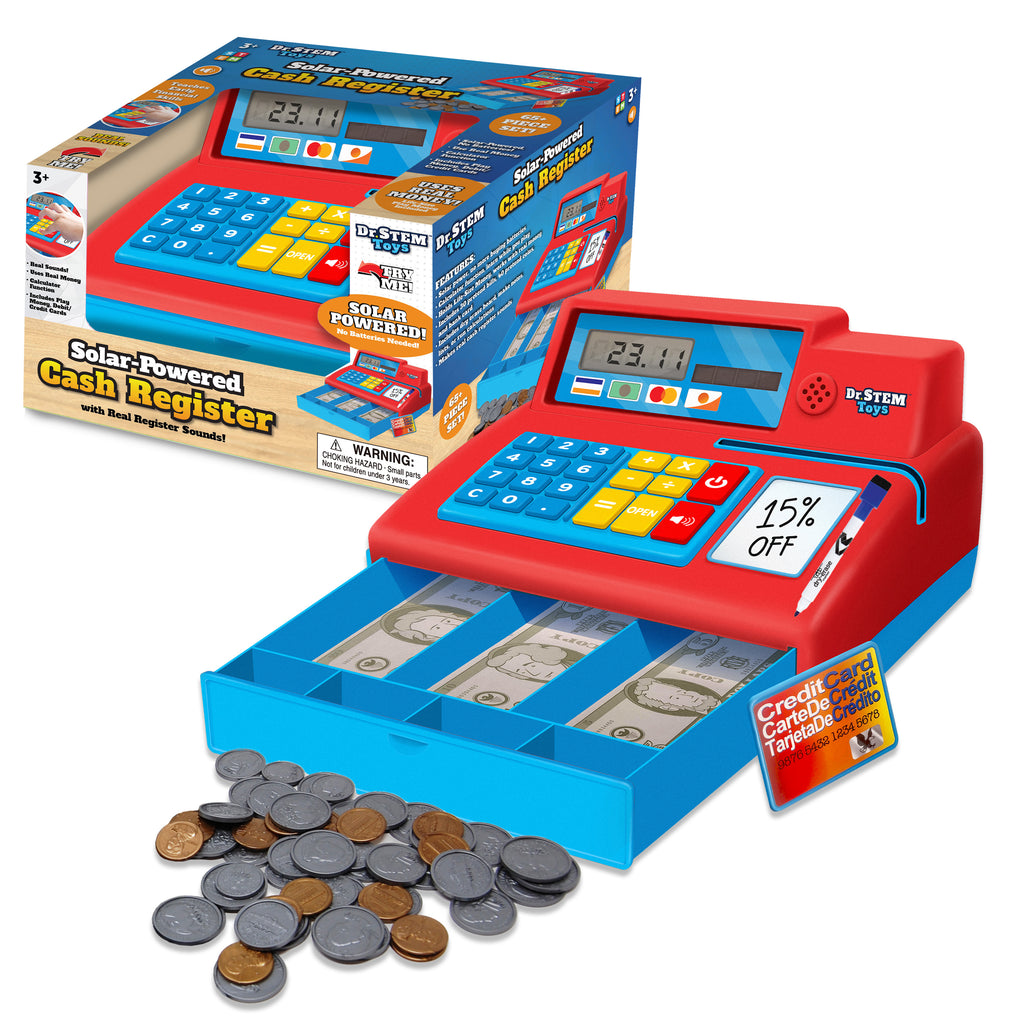 Image of two toy cash registers and its packaging on a white background