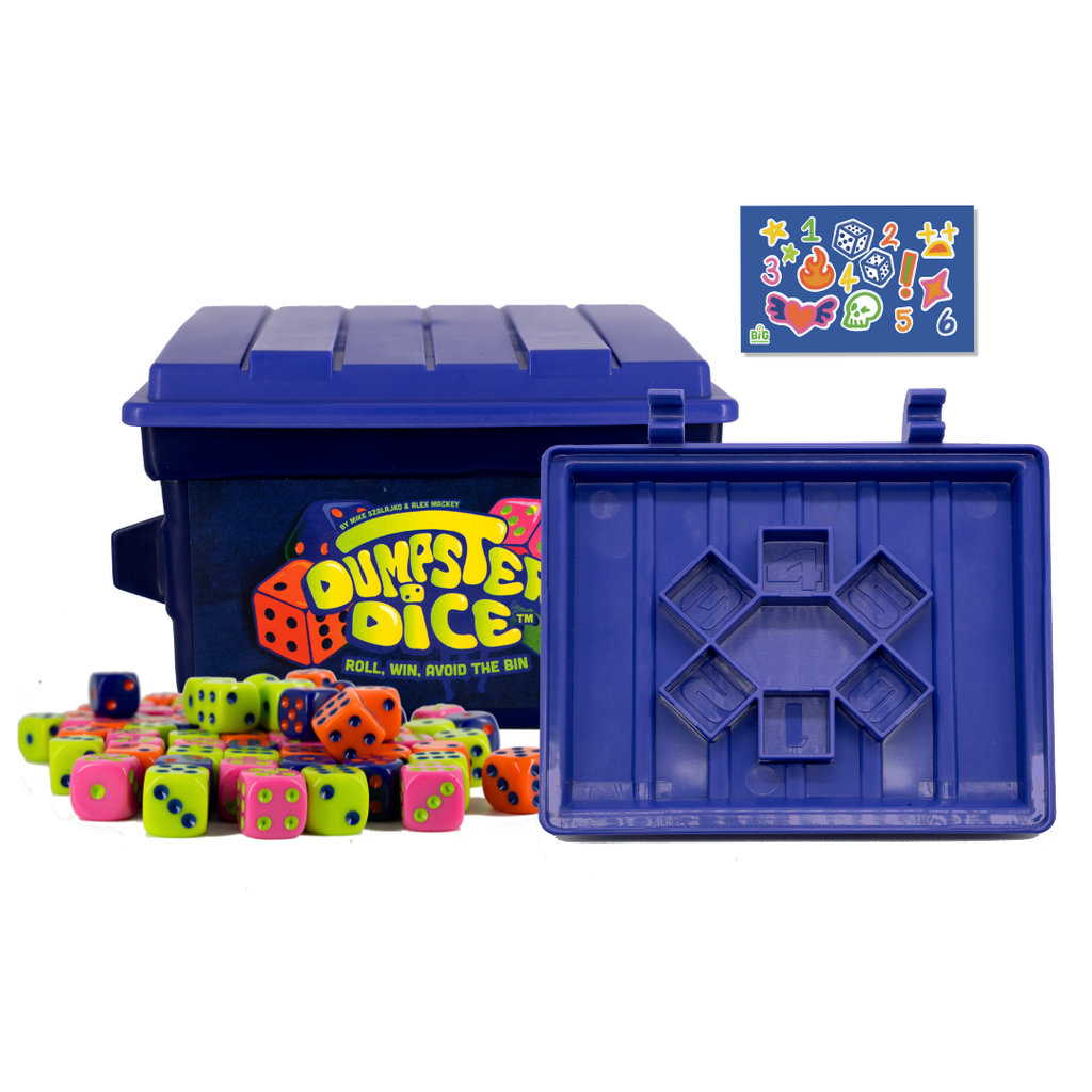 Blue dice storage box with colorful dice and Dumbset Dice packaging on a white background