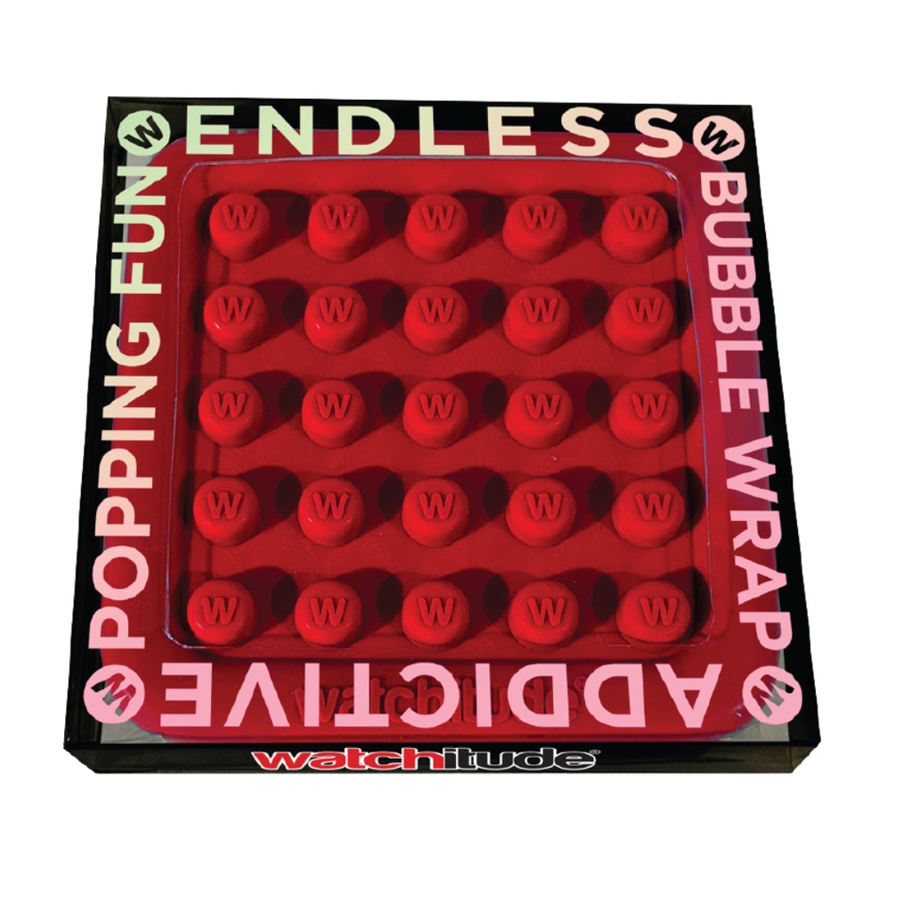 Red bubble wrap with 'watchitude' branding on a white background