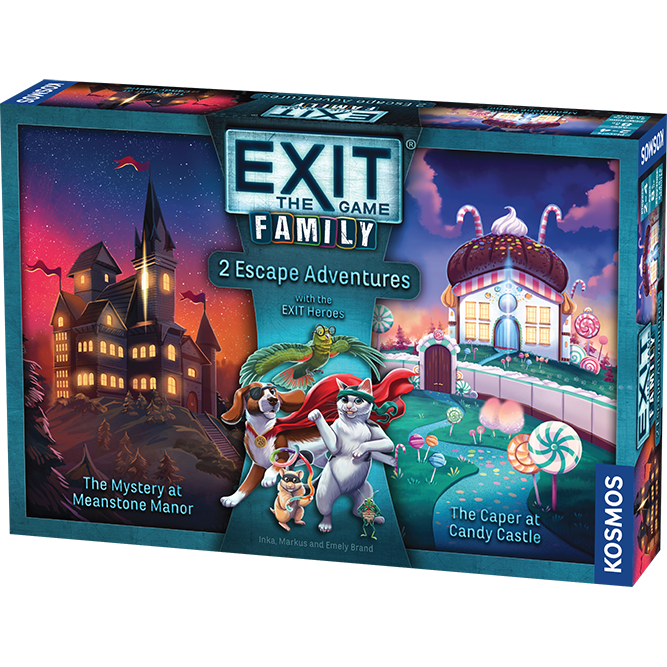 Board game box for 'Exit: The Game - Family' with colorful graphics and text.