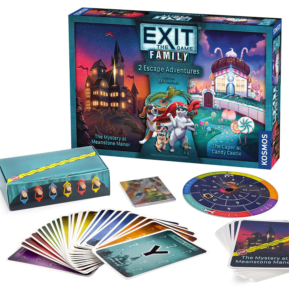 EXIT: The Game Family Edition with cards and components on a white background