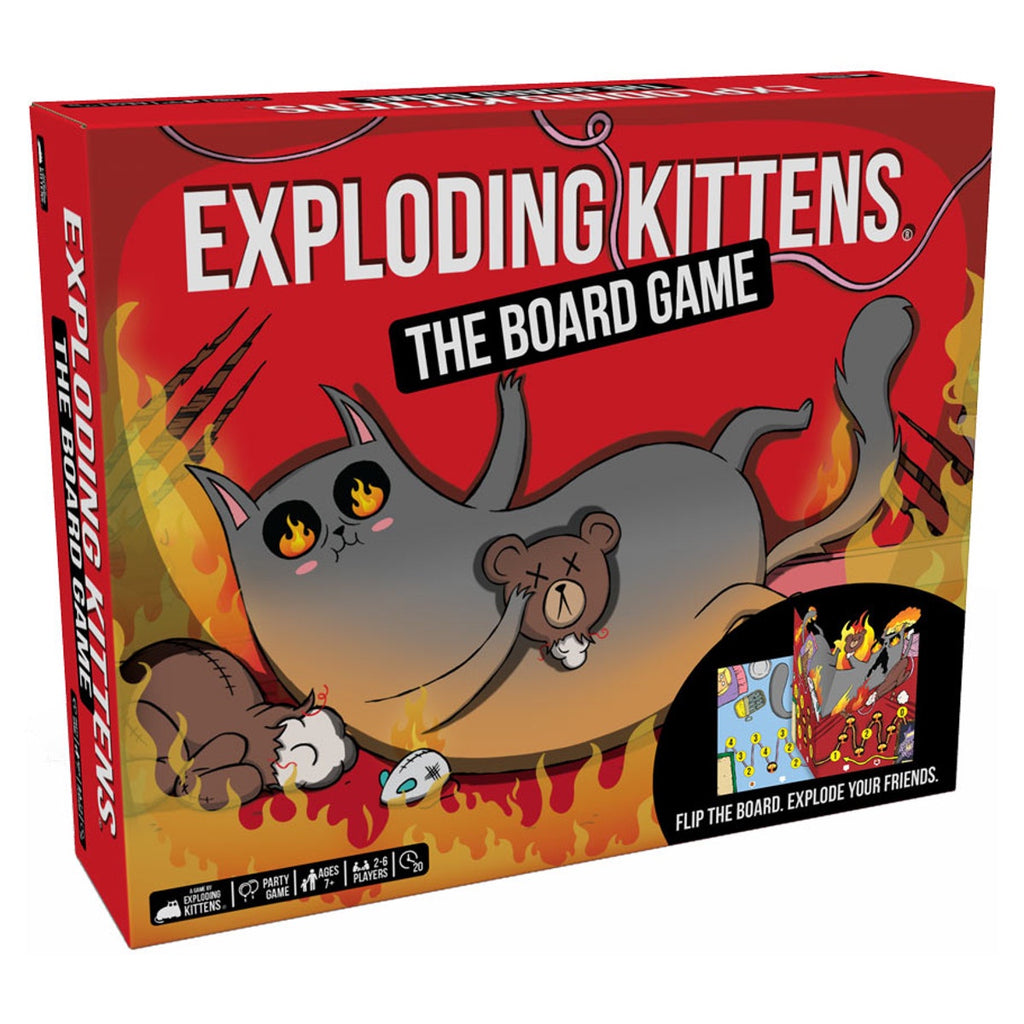 Box of 'Exploding Kittens' board game with a cat and bear illustration on a red background.