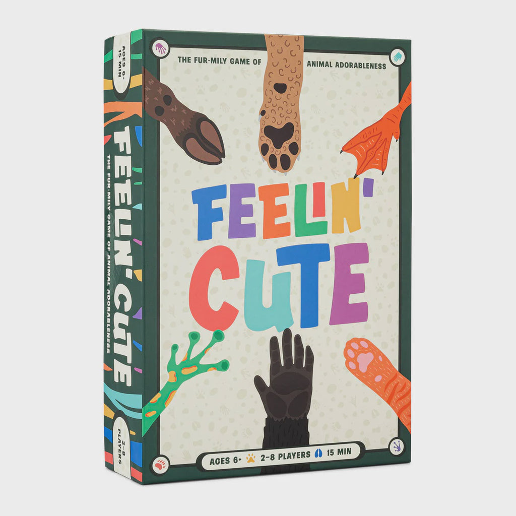 Board game box titled 'Feelin' Cute' with colorful text and animal illustrations on a white background.