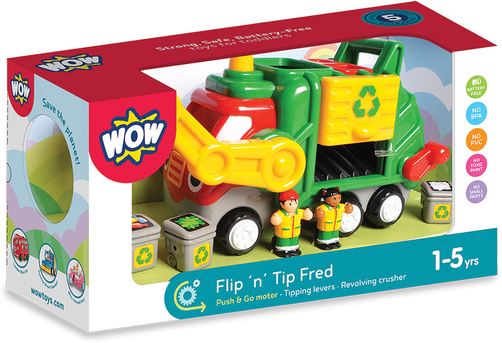Toy packaging for 'Flip 'n' Tip Fred' by WOW, featuring a colorful toy truck and two figures.