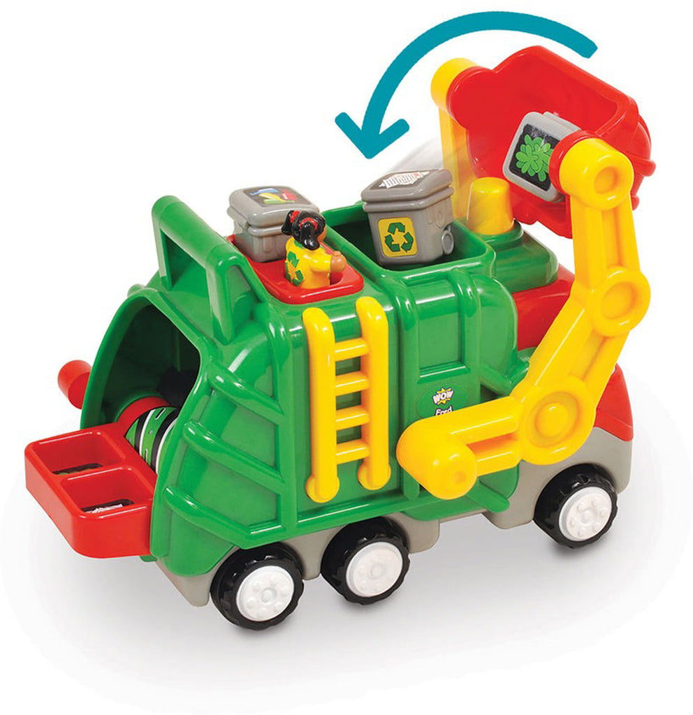 Toy garbage truck with colorful design on a white background