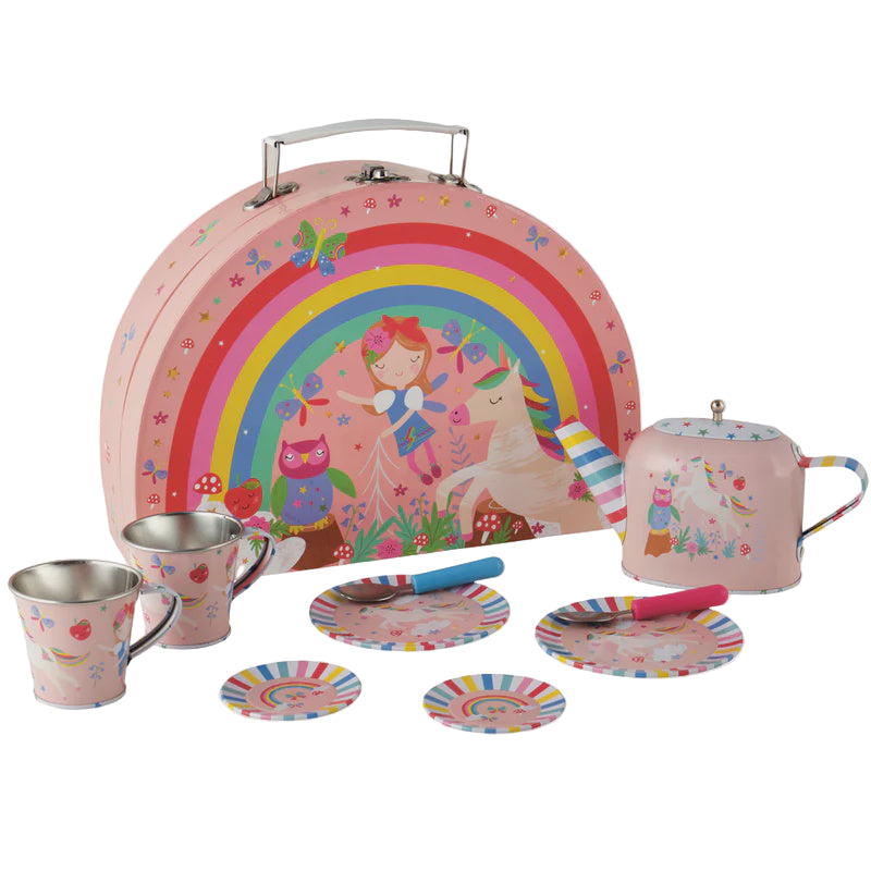 Children's tea set with colorful case featuring a fairy and rainbow design.