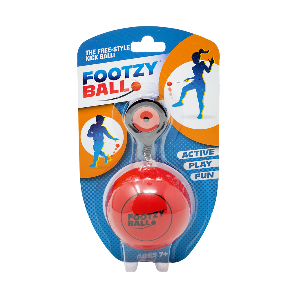 Footzy Ball packaging with red ball and blue and orange design on a white background