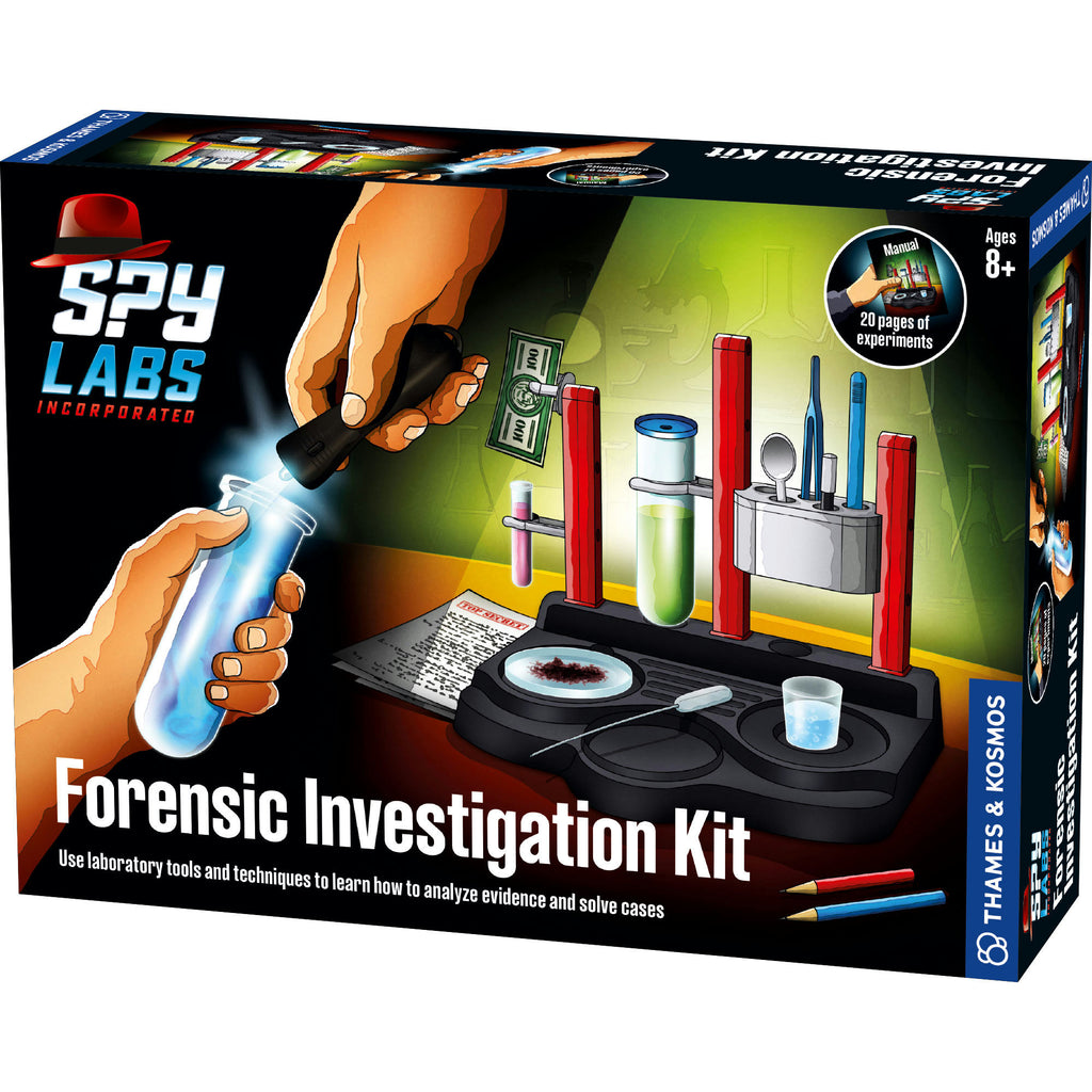 Spy Labs Forensic Investigation Kit packaging with hands holding tools and text on a colorful background
