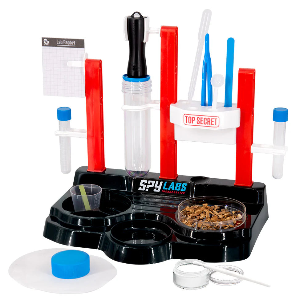 Spy Labs science experiment kit with various components on a white background