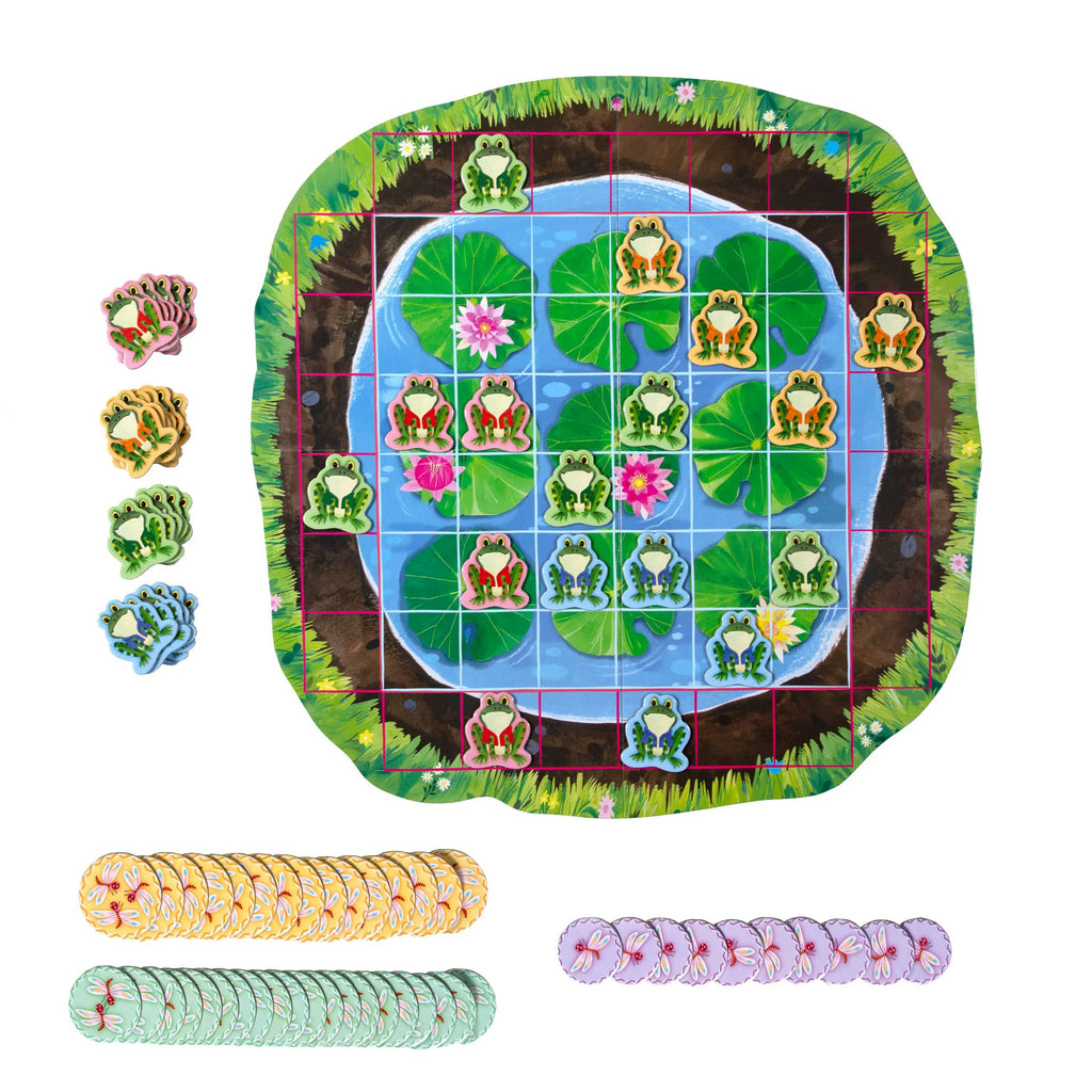 Board game set with frogs, lily pads, and cards on a white background